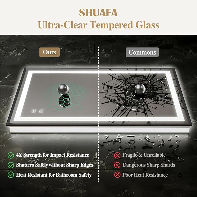 55X36 Inch LED Bathroom Mirror with Lights, Black Frame Frontlit+ Backlit Bathroom Vanity Mirror for Wall, Ultra-Clear Tempered Glass, Shatter-Proof, Anti-Fog and Memory Function, ETL Listed