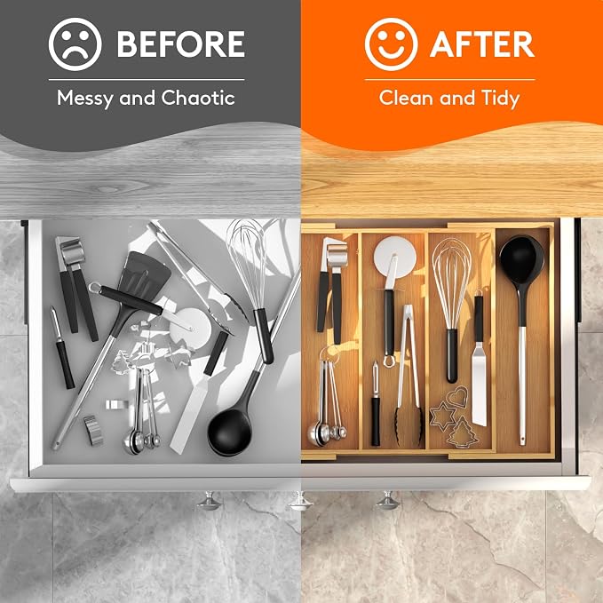 Lifewit Utensil Organizer for Kitchen Drawer, Expandable Cooking Utensil Tray, Cutlery Silverware Flatware Holder, Wood Adjustable Spatula Tools Storage Divider, 12.6-22.8x14/ 32-58x35.6cm, Natural | Expandable Cutlery Silverware Flatware Holder, Wood ...