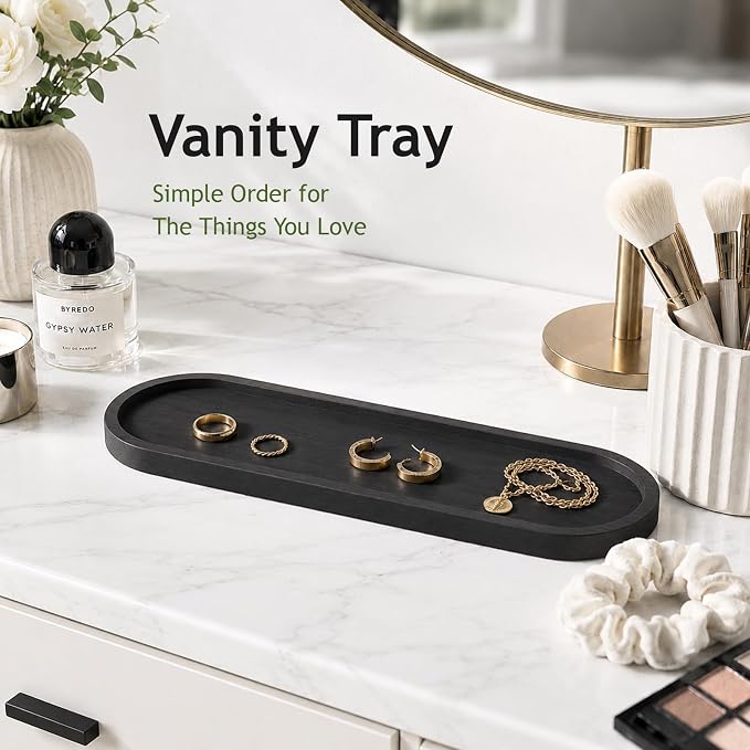 SheeChung Bathroom Counter Tray, Small Bamboo Vanity Tray - 14" x 3.9" | Black, Decorative Kitchen Countertop Organizer for Soap Dispenser, Perfume, Jewelry, Catchall, Makeup, Candle, Coffee Table
