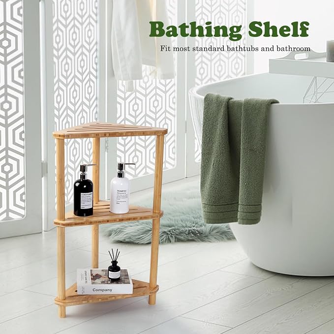Corner Shelf Shower Caddy Stand 3-Tier,Standing Bathroom Organizer | Bamboo,Large Capacity Shower Storage,Space-Saving,Anti-Slip Feet,Waterproof,Easy to Assemble,Durable,Bath,Living Room,Kitchen