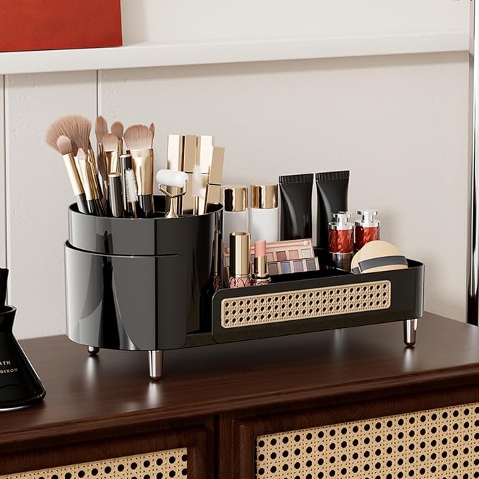 Booklov Rotating Makeup Organizer for Vanity Countertop, Black | Clear Acrylic Cosmetic Display Case, Large Beauty Brush Holder for Bathroom Counter, Skincare Lipsticks Storage
