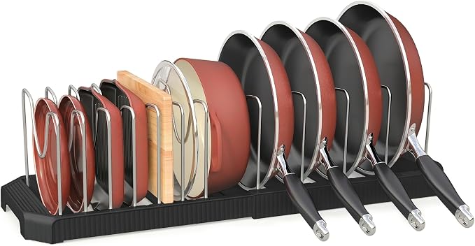 Expandable Pan Organizers Inside Cabinet with 12 Dividers Black | Extends 12.9-21.9", Holds cookie sheets, cutting boards, pot lids and pans, iron dividers, plastic base, under cabinet rack