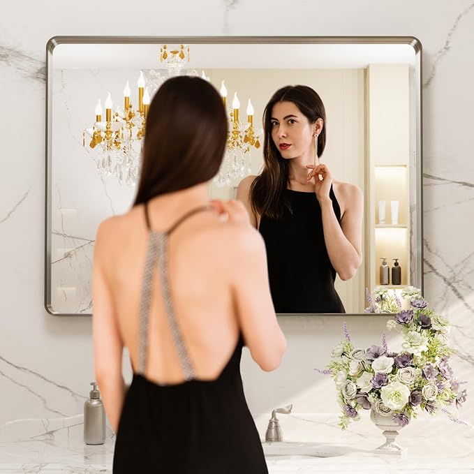 LOAAO 40X32 Inch Brushed Nickel Bathroom Mirror | Rounded Rectangle, Silver Metal Frame, Anti-Rust, Shatter Proof, Hangs Horizontally or Vertically