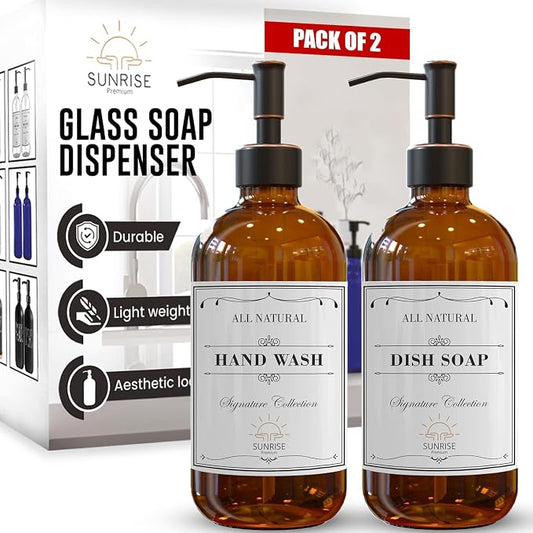 Amber Glass Soap Dispenser with Rubbed Bronze Pump, 16 oz | Amber Glass, Stainless Steel Pump Hand and Dish, Bathroom and Kitchen Sink, 6 Waterproof Labels, (Pack of 2)