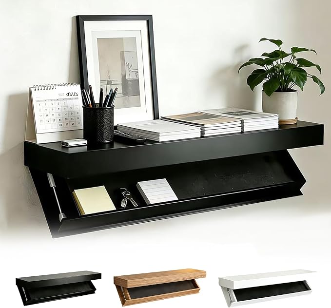 Floating Hidden Shelves for Wall with Concealed Storage Drawer, Hidden Shelf Night Stand with Secret Compartment, for Home Office Living Room, Black