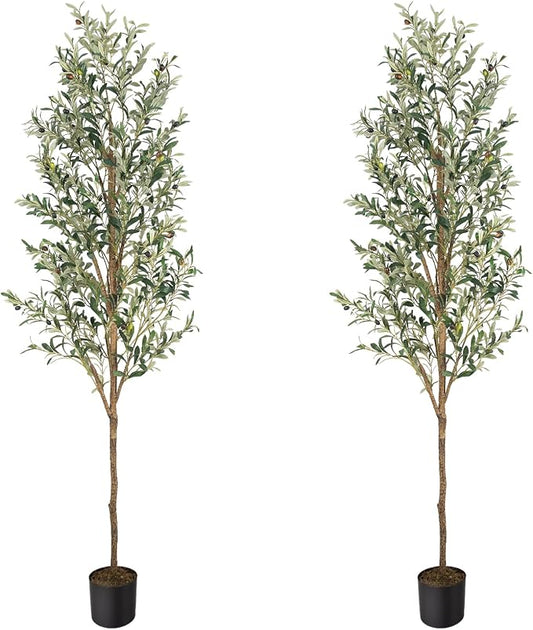 Artificial Fake Olive Tree 7FT 2Pack Faux Olive Tree for Home Decor | Faux Artificial Plants Indoor Fake Potted Plants with Natural Olive Branches and Realistic Leaves for Living Room Decor