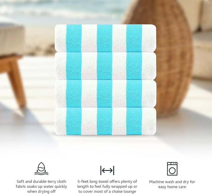 CASA COPENHAGEN Cabana Beach Towel Designed in Denmark Rough and Tough, Quick Dry, Beach, Pool, Bath & Shower 30x60 inches 4 Pieces Cotton Beach Bath Towels Set - Water Blue