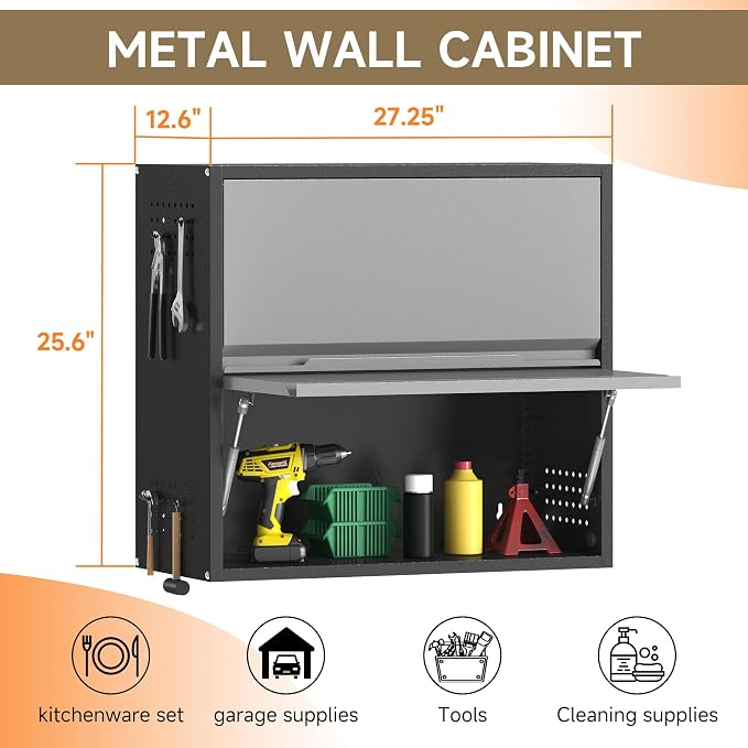2 Door Garage Wall Cabinet with Up-Flip Door, 25.6" H Metal Wall Cabinet | Wall Mounted Metal Storage Cabinet for Garage,Basement,Ware House Assembly Required