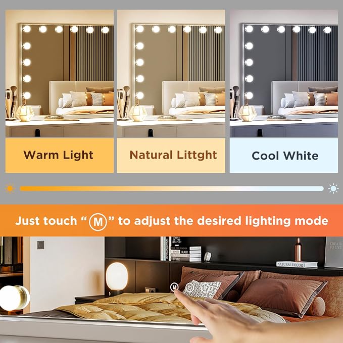 Large Vanity Mirror, Lighted Makeup Mirror with 17 Bulbs Lights | 3 Color Light Modes, USB-A & USB-C Ports, Touch Control, Tabletop & Wall Mounted, Dorm Room Essentials, Gifts for Women