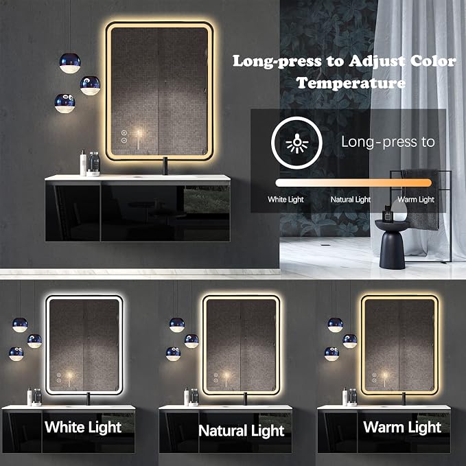 Niccy LED Bathroom Mirror, 32"x20", Gold, Rectangle Wall Mounted | Metal Frame, Anti Fog, Dimmable Smart Mirror, Horizontal or Vertical, For Bathroom/Bedroom/Livingroom/Entryway
