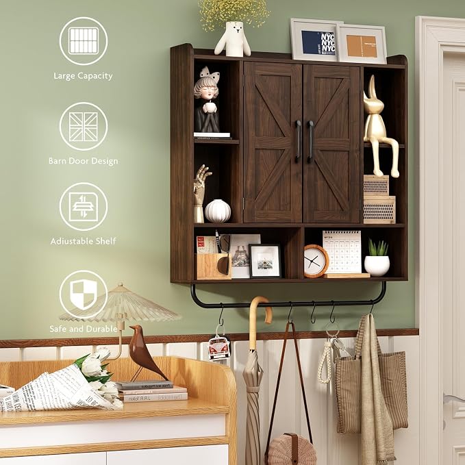 RUSTOWN Rustic Bathroom Wall Storage Cabinet with 2 Barn Doors, Dark Walnut | Farmhouse Medicine Cabinet, Wall Mounted, Space Saving, 3-Tier Adjustable Shelves, Towel Bar, 5 Hooks