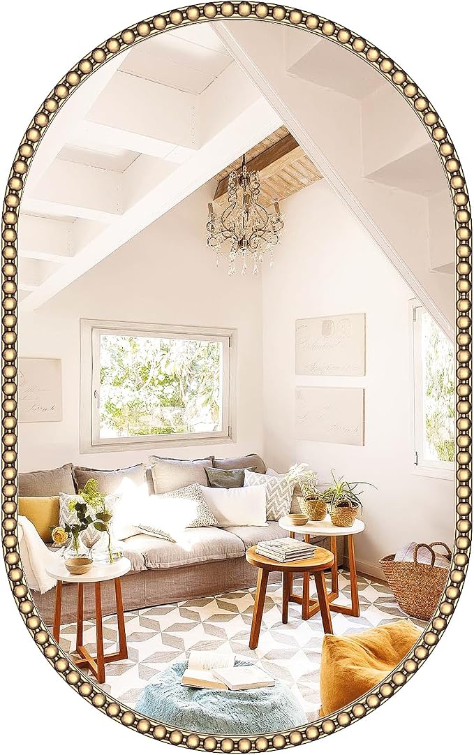 Gold Oval Mirror for Bathroom, 20"x33" Beaded Antique Brass Mirror for Wall Decorated, Champagne Bronze Vintage Vanity Mirrors for Bedroom Living Room Hallway Fireplace