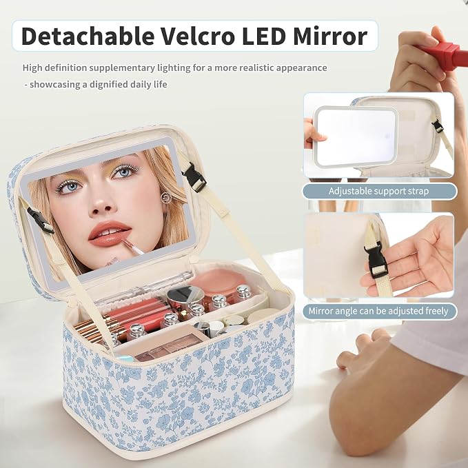 Makeup Bag With LED Mirror, Travel Makeup Bag With 3 Color Setting Light Up Mirror Cosmetic Organizer Vanity Case for Women Beauty Tools Accessories Rechargeable Makeup Travel Bag-Black