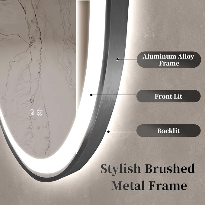 Oval LED Bathroom Mirror, Backlit + Front Lit Mirror Black Frame | 3 Color Dimmable, Anti-Fog, 48"x24", Memory Function, Shatter-Proof, HD Glass, Pill-Shaped Mirror, Vertical or Horizontal