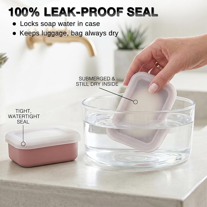 HighHerz Compact Leak Proof Silicone Travel Soap Case with Draining Tray - Portable Bar Soap Container - 2026 Upgrade Travel Essentials for Camping, Gym & Shower (Clear Pink)
