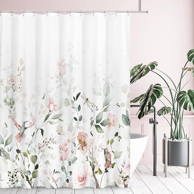 Tititex Aesthetic Blooming White Floral Shower Curtain Sets, Watercolor Pink Flowers Birds Butterflies Tropical Bathroom Decorative 71 X 78 Inch Polyester Waterproof Fabric Bath Curtain with Hooks