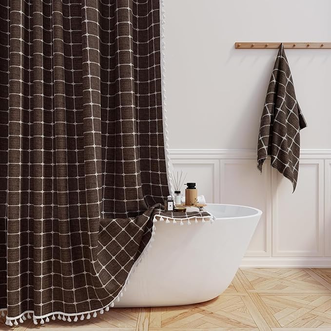 Stall Boho Farmhouse Linen Heavy Duty Shower Curtain Set, 36x72, Brown | Half Size, 330GSM Linen Blend, 3-side Tassels, Water Repellent Fabric, 6 Plastic Hooks, Rustic Bohemian, Machine Washable