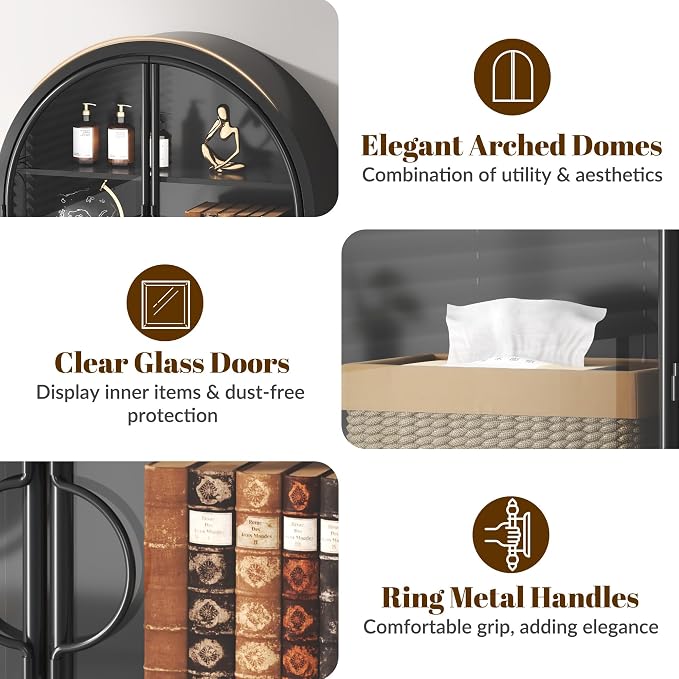 Arched Wall Cabinet with Clear Glass Door, NO Assembly | Full Metal Frame, 10MM Shelves, Handcrafted Arched Design, 40-lb per Tier, 5MM Tempered Glass, for Bathroom Wall Medicine