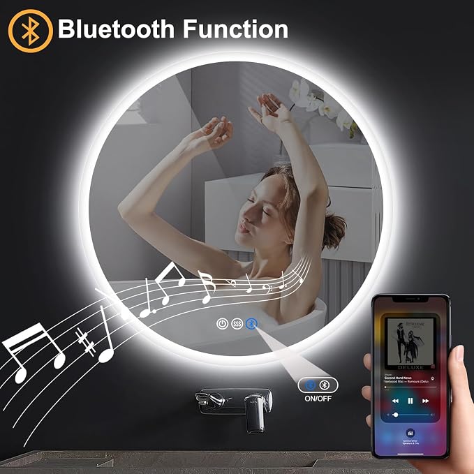 S·BAGNO 40’’ Round Led Bathroom Mirror with Lights, Bluetooth Speaker | Anti-Fog, Dimmable, 3-Color Light, Memory Function, Tempered Glass, IP54 Waterproof Rating, Wall-Mounted Round Led Mirror