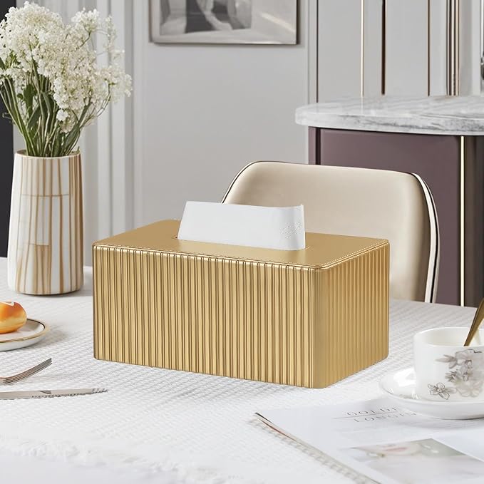 PU Leather Tissue Box Cover Rectangle, Tissue Box Holder Gold | Inner Height 4 Inches, Fits 120/160 Count Tissue Boxes, Non Slip Base, Rectangular Tissue Cover for Bathroom Nightstand