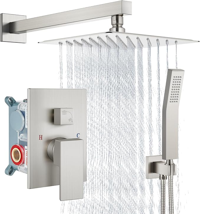 Aolemi Shower Faucet Set with Handheld Brushed Nickel 8 Inch Head | Pressure Balance Shower Valve and Trim Kit,SUS304 Rain Head and Handle System,All Metal,Wall Mount,Bathroom,Handheld Spray