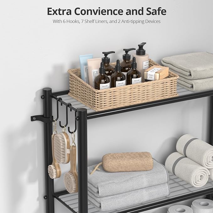 Hodonas Over The Toilet Storage Shelf - Bathroom Organizer Rack with 7-Tier Shelves, Adjustable Metal Shelf Above Toilet for Storage, Freestanding Bathroom Space Saver, Black