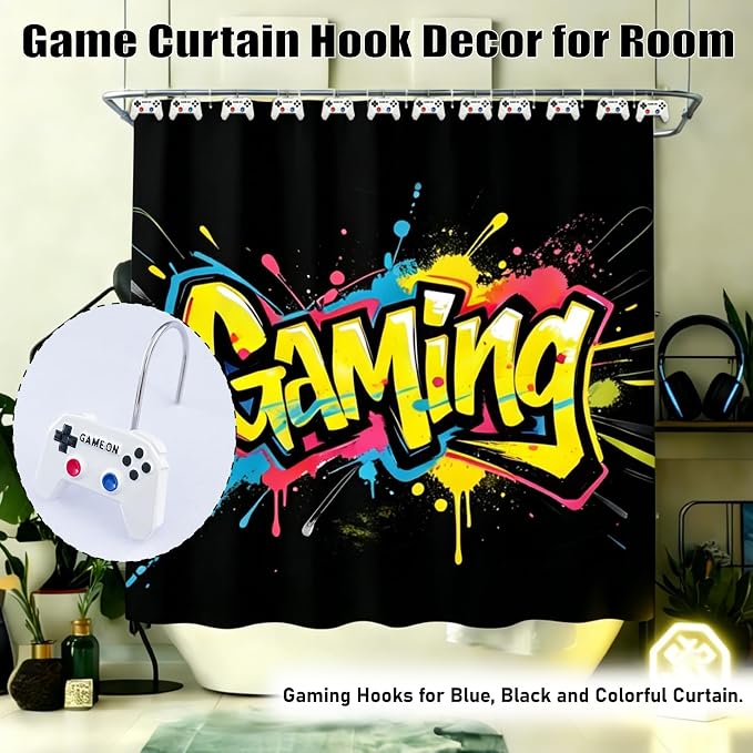 12 Pcs Game Theme Shower Curtain Hooks for Gamers Bathroom Decor White | Video Game Controller White Curtain Hooks Boys Gaming Bathroom Kids Bedroom Playroom Console Resin and Stainless Steel Hook