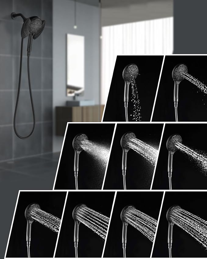 2 in 1 Shower Head with Handheld Combo High Pressure Black 2.5 GPM | 7.2" Rain Showerhead and 9 Spray Hand Held Shower, Adjustable Shower Angle, 59-inch Rotatable Stainless Steel Hose