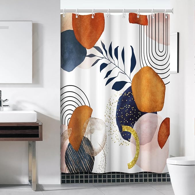 Boho Navy Blue Shower Curtain for Bathroom 60x72 Inch | Waterproof Abstract Blue and Terracotta Shower Curtain Set with Hooks, Mid Century Bathroom Decor