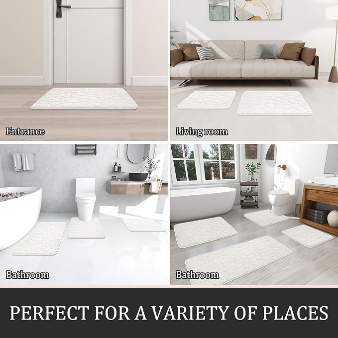 Bathroom Rugs Mat Set, Memory Foam Bath Mat 5 Piece White | Non Slip, Water Absorbent, Washable, Bath Mat For Bathroom, Sink and Toilet