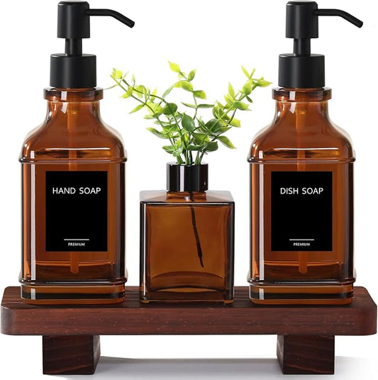 Modern Kitchen Soap Dispenser Set with Wood Tray, Amber Glass Soap Dispensers with Pump, Decorative Hand and Dish Soap Dispenser Set, Soap and Lotion Dispenser Upgrade for Kitchen and Bathroom Decor