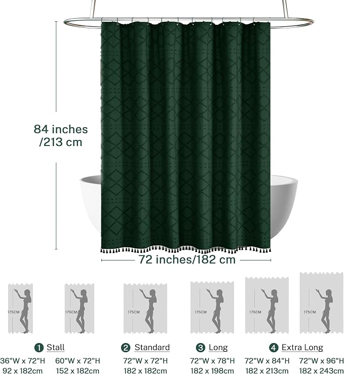 Siiluminisoy Extra Long Dark Green Boho Woven Fabric Cute 84 Inch Shower Curtain, 72 x 84 Tufted Chevron Textured Striped Modern Farmhouse Minimalist Cloth Shower Curtain for Bathroom