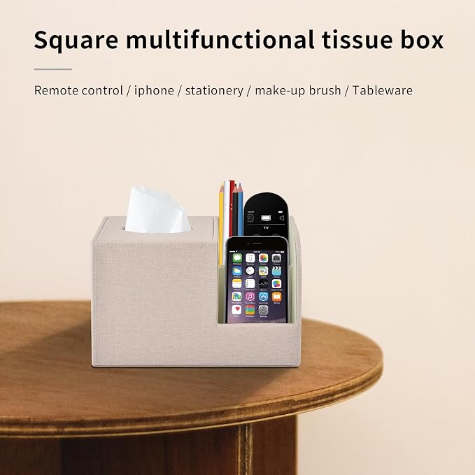 PU Leather Square Tissue Box Cover,Multifunctional Tissue Box Holder,Tissue Box with Storage,Tissue and Remote Control Holder,Tissue Box Decorative Desk Organizer for Home&Office,Beige