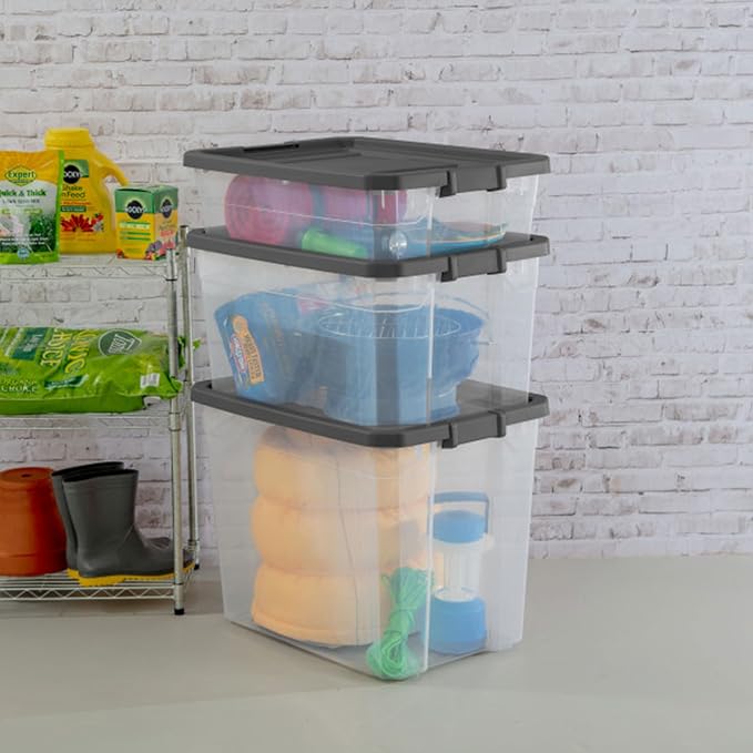 Sterilite 18-Pack Modular Stacker Box, Durable Clear Plastic Storage Bins with Latching Lids, 40 Quart - Stackable Organizing Container Boxes for Closet, Bathroom, and Office