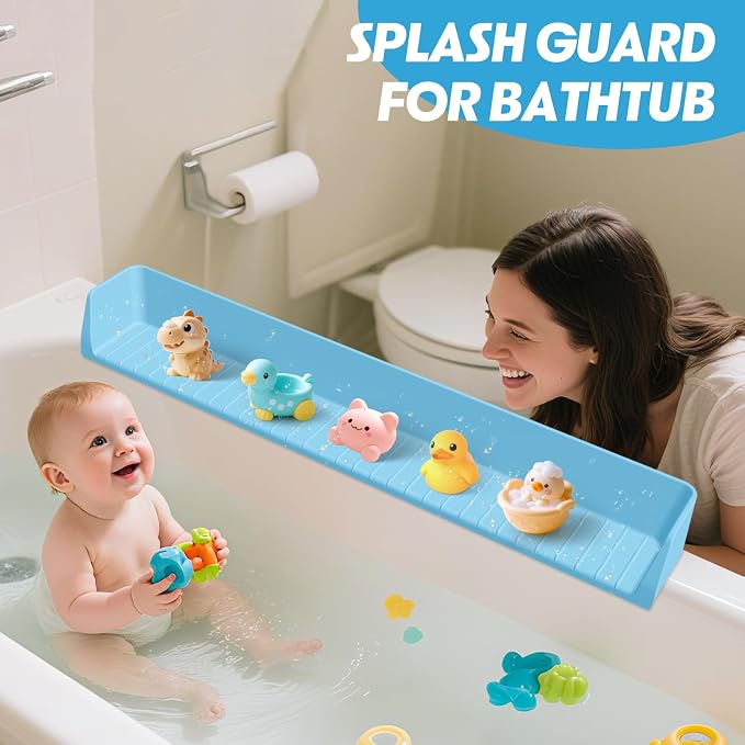 Ganaj Silicone Bathtub Splash Guard for Kids, Splash Guard for Bathtub with 11 Suction Cups,Toy Tray Caddy Holder for Tub,Prevents Water Spills in Bathroom, Bathtub Shelf for Kids (Baby Blue)