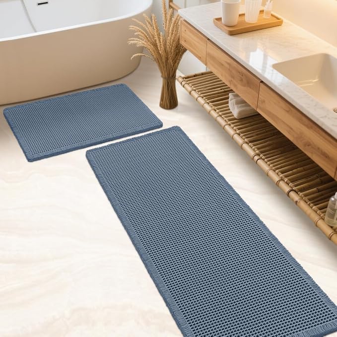 Waffle Bath Mat Set 2 Piece Blue,Woven Modern Bath Rug Mats, Absorbent Non Slip Bath Floor Mat, Soft Washable Boho Bath Rugs with Tassels for Bathroom, Bedroom, Kitchen,Tub