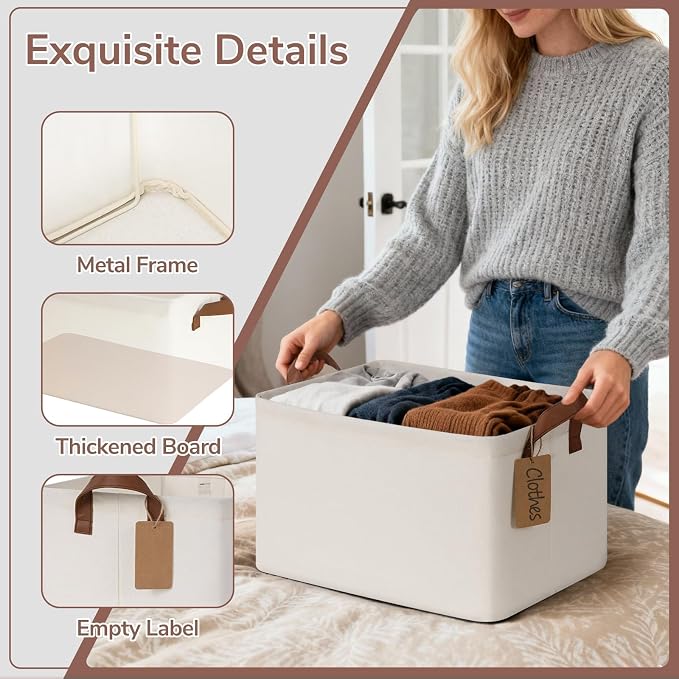 CHICVITA 4 Pack Large Fabric Storage Baskets for Shelves, Beige | 16.8" × 11" × 9.8", Closet Storage Bins for Clothes, Towels & Blankets, Collapsible, Metal Frame, Leather Handles