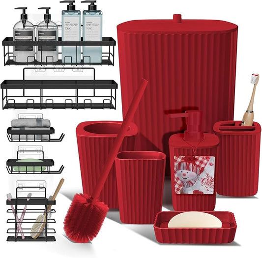 Clara Clark Bathroom Set - Christmas Bathroom Accessories Set, 11PC Bathroom Accessory Set, Christmas Bathroom Sets with Adhesive Corner Shower Caddy Hanging, Toilet Brush, Trash Can & Soap Dispenser