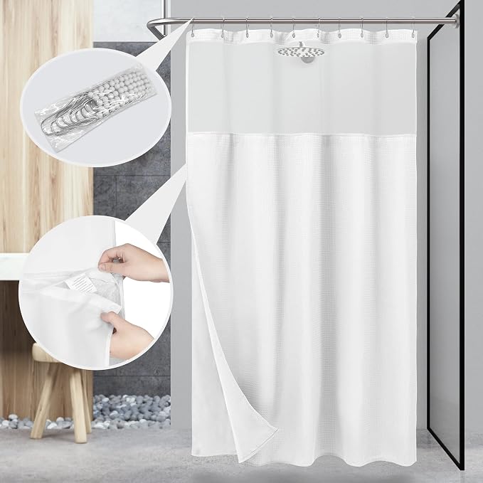 N&Y HOME 54 x 78 Waffle Weave Shower Curtain with Snap-in Liner Set White | 12 Metal Hooks Included, Snap on/off Fabric Liner, Hotel Style & Mesh Top Window, Machine Washable, 54x78 Shower Stall Size