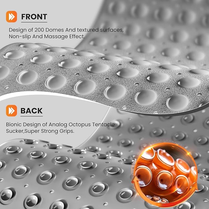 Non-Slip Bath Tub Mat, 39x16 Inch Extra Large Shower Mat with Drain Holes & Suction Cups, Machine Washable, Grey