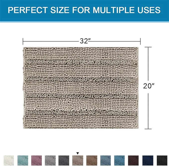 H.VERSAILTEX Bath Rugs for Bathroom Non Slip Bath Mats Extra Thick Chenille Striped Rug 20" x 32" Absorbent Non Skid Fluffy Soft Shaggy Washable Dry Fast Plush Mat for Indoor, Bath Room, Tub - Taupe