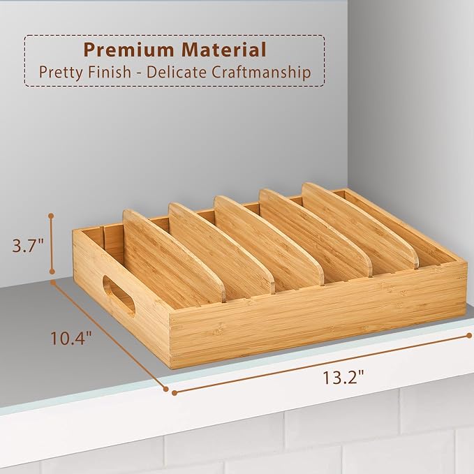 Large Bamboo Food Container Lid Organizer for Kitchen Cabinet | Adjustable slots - Premium bamboo, pretty color - Sturdy versatile caddy for snack, spice in drawer - Anti-Skid Silicone Pads
