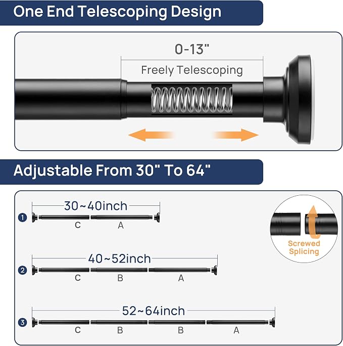 ENJOYBASICS 1" Black Shower Curtain Rod, 30-64" Adjustable, Secure Tension | Easy No-Drill Installation, No Tools, No Gaps, Sturdy Rust-Resistant Steel, Sag-Resistant Design, Tubs, RVs, Apartments