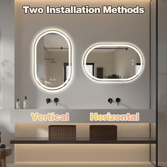 Oval LED Bathroom Mirror, Backlit + Front Lit Mirror Old Gold Frame | 3 Color Dimmable, Anti-Fog, 32"x20", Memory Function, Shatter-Proof, HD Glass, Pill-Shaped Mirror, Vertical or Horizontal