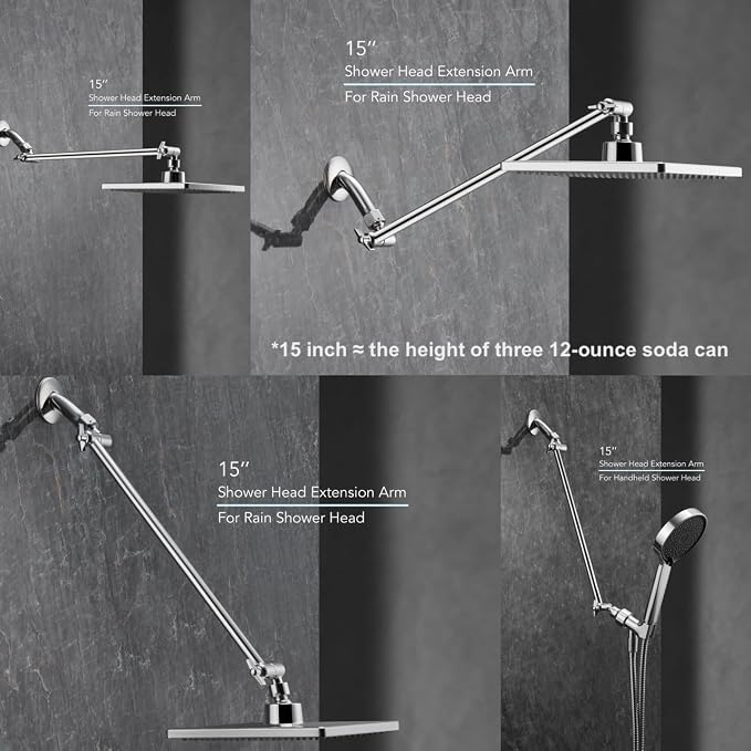 15 Inch Extra Long Adjustable Shower Head Extension Arm With Locking Set Screw, Singing Rain 304 Stainless Steel Chrome Angle Height Adjustable, G1/2 Universal Connector Compatible (Chrome Finish)