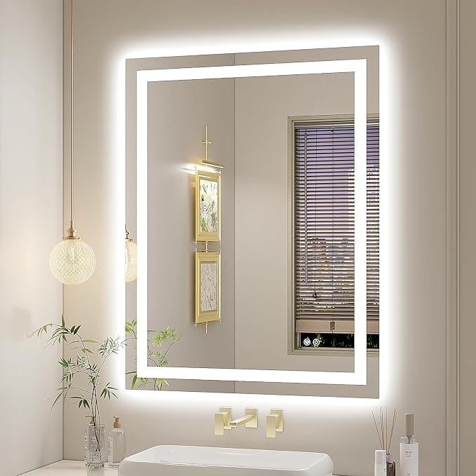 LED Bathroom Mirror 28"x36" Inch Lighted Bathroom Vanity Mirror with Lights, Brighter Frontlit and Backlit Light up Anti Fog Mirror, Tempered Glass, 3-Color Dimmable, Memory Function