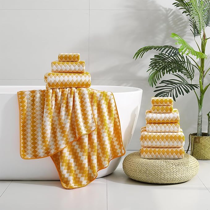 12 Pcs Ginger Yellow White Diamond Towel Set-4 Bath Towels,4 Hand Towels,4 Washcloths Soft Polyester Bath Towel with Loop Absorbent Shower Towel Quick Dry Family Towels for Bathroom Spa Gym