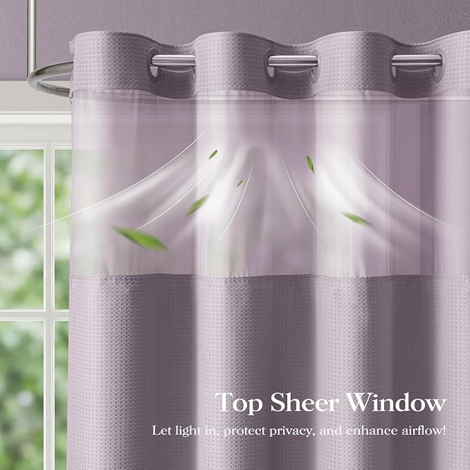 Lavender Hook Free Waffle Shower Curtain & Snap Fabric Liner,72x87 | Less Time to install, 3 in 1 Fabric Shower Curtain and Liner Set with Magnets, Extra Long, Shower Curtains for Bathroom