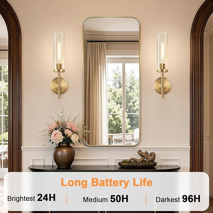 Battery Operated Wall Sconce Set of 2，Brushed Gold Wireless Rechargeable Wall Lighting Fixtures with Remote Control，Dimmable Wall Light for Bathroom ，Vanity, Living Room, Bedroom, Hallway, Stairway