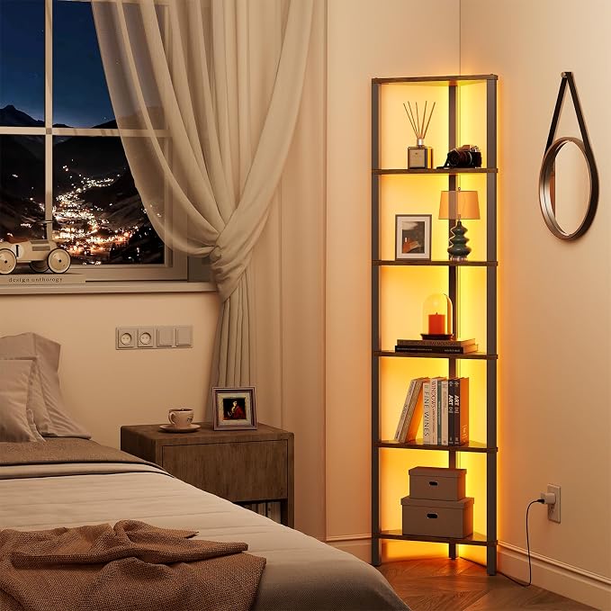 TUTOTAK Corner Shelf with LED Light, 6-Tier Corner Bookshelf | for Small Space, Narrow Display Corner Shelf Stand with Storage Rack, for Living Room, Bedroom, Rustic Brown BS05BB006L